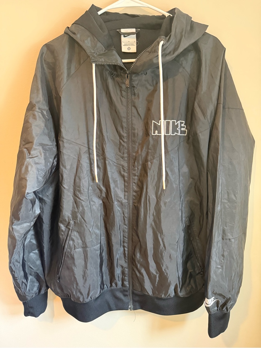 Nike Men's Black Hooded Windbreaker with White Accents